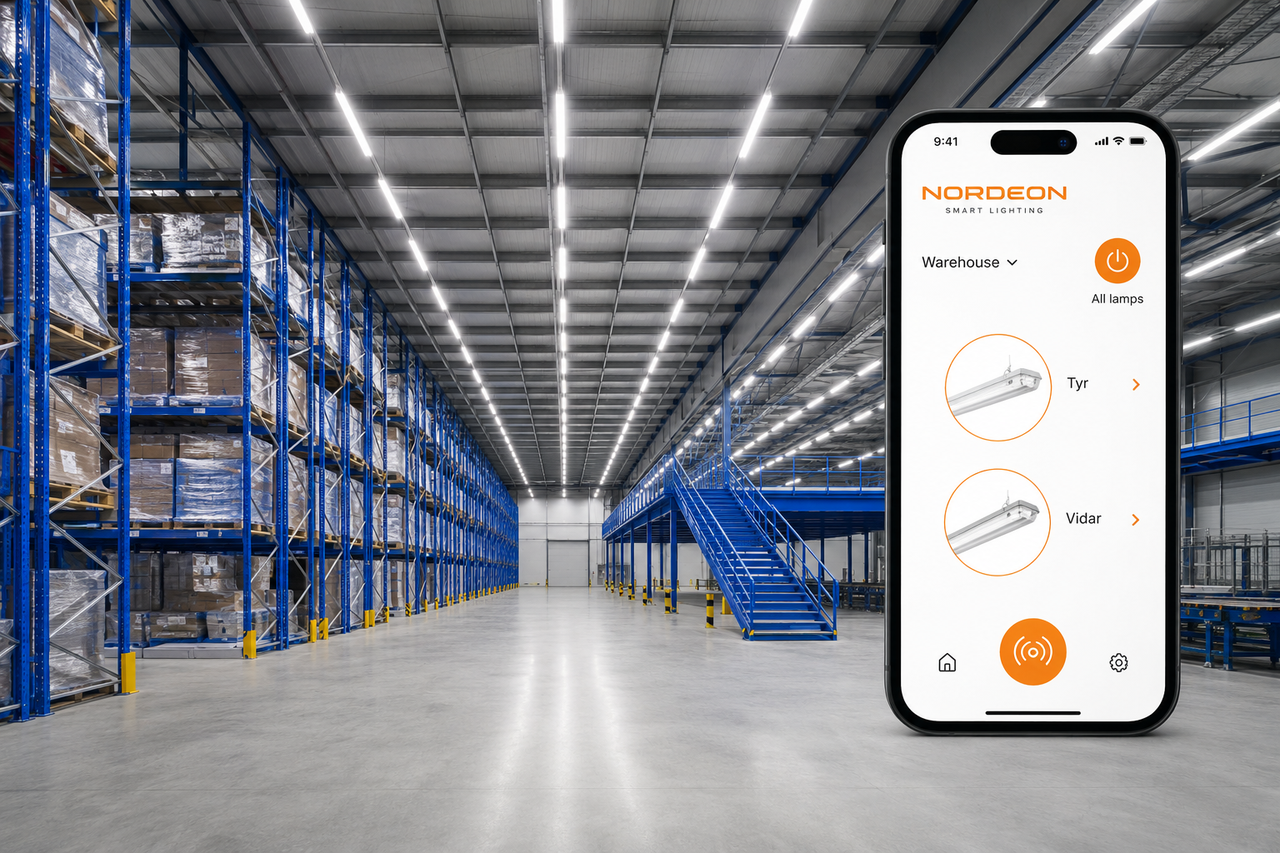 Warehouse LED high-bay lighting with smart controls