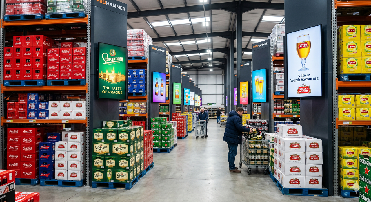 ProHammer-branded multi-screen LED installation in a cash & carry