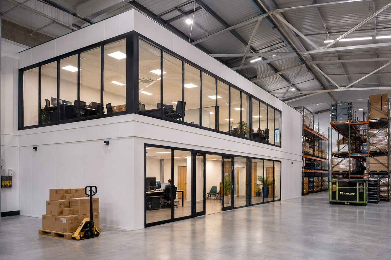 Glass partitioning and mezzanine office